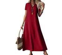 Generisch Abiti in Lino per Donna 2025, Scollo a V, Maxi Abito a Maniche Corte, Casual, Semplice, Lungo, Fluido, Abito Estivo per Spiaggia e Vacanza Abiti Maxi Donna Estate, Colore: vinaccia, XL