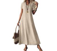Generisch Abiti in Lino per Donna 2025, Scollo a V, Maxi Abito a Maniche Corte, Casual, Semplice, Lungo, Fluido, Abito Estivo per Spiaggia e Vacanza Abiti Maxi Donna Estate, cachi, L