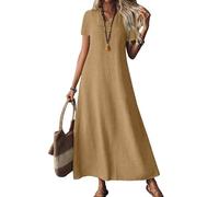 Generisch Abiti in Lino per Donna 2025, Scollo a V, Maxi Abito a Maniche Corte, Casual, Semplice, Lungo, Fluido, Abito Estivo per Spiaggia e Vacanza Abiti Maxi Donna Estate, marrone, M