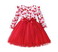Generisch Abiti per ragazze Estate Elegante Bella Bambino Ragazza Manica Lunga Cuori Stampe Abiti di San Valentino Tulle Principessa Vestito Ragazza Abiti di Nozze Inizio, Colore: rosso, 4-5 Anni