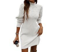 Generisch Abito a maglia da donna, a maniche lunghe, elegante, girocollo, a coste, in tinta unita, per autunno e inverno, B bianco, M