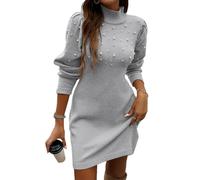 Generisch Abito a maglia da donna, a maniche lunghe, elegante, girocollo, a coste, in tinta unita, per autunno e inverno, B grigio., S