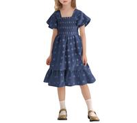 Generisch Abito a maniche corte per ragazze per giocare all'aperto, parco, feste e casa, età 2-16 anni, abbigliamento casual primavera/estate, Blu marino, 9-10 Anni