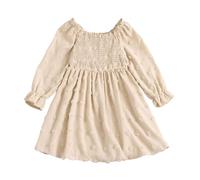 Generisch Abito a maniche lunghe con scollo quadrato, volant, stampa floreale e scritta ricamata per abiti eleganti e casual da festa per ragazze, cachi, 9-10 Anni