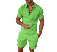 Generisch Abito a righe casual maschile a due pezzi con cerniera e maniche corte, top, camicetta, abito con coulisse e tasca, set corto, verde, XXL