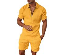 Generisch Abito a righe casual maschile a due pezzi con cerniera e maniche corte, top, camicetta, abito con coulisse e tasca, set corto, giallo., M