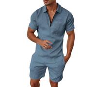 Generisch Abito a righe casual maschile a due pezzi con cerniera e maniche corte, top, camicetta, abito con coulisse e tasca, set corto, Azzurro, XL