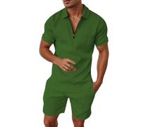 Generisch Abito a righe casual maschile a due pezzi con cerniera e maniche corte, top, camicetta, abito con coulisse e tasca, set corto, verde militare, XL