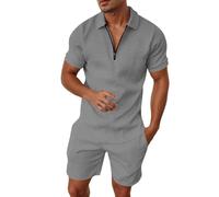 Generisch Abito a righe casual maschile a due pezzi con cerniera e maniche corte, top, camicetta, abito con coulisse e tasca, set corto, grigio., XXL
