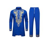 Generisch Abito africano Uomo 2 Pezzi Set Tradizionale Dashiki Outdit Collo Alto Manica Lunga Camicie e Pantaloni Set Musulmano Thobe Casual Tuta con Stampa Oro, Blu, XL