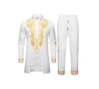 Generisch Abito africano Uomo 2 Pezzi Set Tradizionale Dashiki Outdit Collo Alto Manica Lunga Camicie e Pantaloni Set Musulmano Thobe Casual Tuta con Stampa Oro, bianco, XL