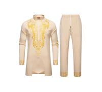 Generisch Abito africano Uomo 2 Pezzi Set Tradizionale Dashiki Outdit Collo Alto Manica Lunga Camicie e Pantaloni Set Musulmano Thobe Casual Tuta con Stampa Oro, cachi, L