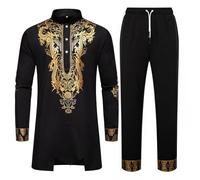 Generisch Abito africano Uomo 2 Pezzi Set Tradizionale Dashiki Outdit Collo Alto Manica Lunga Camicie e Pantaloni Set Musulmano Thobe Casual Tuta con Stampa Oro, Nero , L