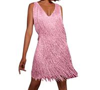 Generisch Abito con frange ispirato, stile anni '70, mini abito da donna con sfera da discoteca, per occasioni festive, feste, Colore: rosa., L