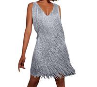 Generisch Abito con frange ispirato, stile anni '70, mini abito da donna con sfera da discoteca, per occasioni festive, feste, grigio., XL