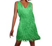 Generisch Abito con frange ispirato, stile anni '70, mini abito da donna con sfera da discoteca, per occasioni festive, feste, verde, XL