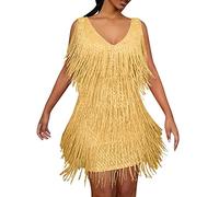 Generisch Abito con frange, tinta unita, scollo a V, con paillettes, ocra/oro, da discoteca, anni '70s, anni '20, mini abito corto a fiocco, senza maniche, per feste, gold, XL