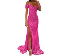 Generisch Abito da ballo da donna, con paillettes, maxi abito a maniche corte, colore puro, paillettes, primavera, autunno, inverno, senza spalline, alla moda, per matrimoni, serate, rosa intenso, L