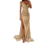 Generisch Abito da ballo da donna, con paillettes, maxi abito a maniche corte, colore puro, paillettes, primavera, inverno, senza spalline, alla moda, per matrimoni, serate, feste, oro rosa, L