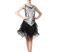 Generisch Abito da ballo latino, da donna, con paillettes, stile vintage, con paillettes, con frange, per matrimoni, feste, charleston, argento, Taglia unica