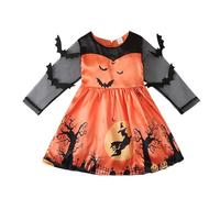 Generisch Abito da bambina a maniche lunghe, con stampa a pipistrello, per Halloween, feste, occasioni festive, in rete di qualità, per bambini piccoli, con comodo scollo rotondo, Colore: arancione