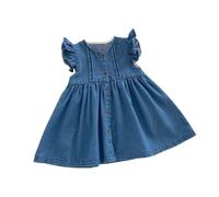 Generisch Abito da bambina con maniche ad aletta, in morbido tessuto di jeans, ideale per giocare per le gite in primavera, perfetto per le piccole avventure, Blu, 3-4 Anni
