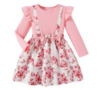 Generisch Abito da bambina con motivo floreale e maniche a strati, stile due pezzi con motivo a cuore sulle maniche, abito casual per feste, Rosa chiaro., 4-5 Anni