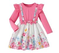 Generisch Abito da bambina con motivo floreale e maniche a strati, stile due pezzi con motivo a cuore sulle maniche, abito casual per feste, rosa intenso, 2-3 Anni