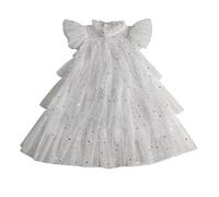 Generisch Abito da bambina con paillettes, stelle, maniche volanti, per feste di danza, per il tempo libero, le gite scolastiche e le attività all'aperto, bianco, 7-8 Anni