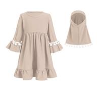 Generisch Abito da bambina con sciarpa, 2 pezzi, musulmano, monoblocco, per feste, carini, abaya, casual, islamico, mediorientale, Dubai Turchia, maxi caftano, abito musulmano che scorre, cachi, 4-5