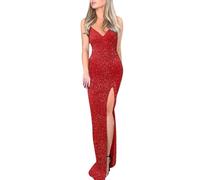 Generisch Abito da cocktail da donna, lungo, elegante, abito da sera, scollo a V, sexy, schiena scoperta, con spacco, tinta unita, maxi abito aderente con glitter, per occasioni formali, Colore: rosso