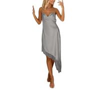 Generisch Abito da cocktail Y2K, in raso, con bordo in pizzo, senza maniche, con spalline sottili, scollo a V, da notte, da notte, grigio., S