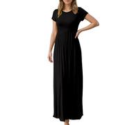 Generisch Abito da donna a maniche corte con vita impero - Abito lungo in jersey per un look comodo e semplice | Vestito estivo versatile per l'uso quotidiano, Stil_n01 Nero, XL