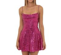 Generisch Abito da donna a maniche lunghe, elegante, per matrimonio Sparkly Sequin Homecoming Dresses for Teens Short Tight Lace Spaghetti Straps Gowns Sexy Vestito estivo da donna in pizzo, rosa