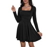 Generisch Abito da donna a maniche lunghe, sexy, scollo quadrato, abito da festa, orlo con volant, mini abito increspato, abito corto elegante, con glitter, Nero/1, M