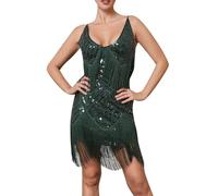 Generisch Abito da donna anni '20s con paillettes a maniche corte anni '20 Flapper Charleston, sexy, retrò, scollo a V, frange, abito da cocktail Gatsby, per feste, da sera, O verde scuro, S