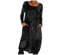 Generisch Abito da donna, caldo, lungo, girocollo, boho, invernale, morbido, comodo, casual, per il tempo libero, a maniche lunghe, con tasche, stampa floreale, abito in velluto a coste, per tutti i