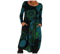 Generisch Abito da donna, caldo, lungo, girocollo, boho, invernale, morbido, comodo, casual, per il tempo libero, a maniche lunghe, con tasche, stampa floreale, abito in velluto a coste, per tutti i
