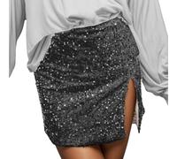 Generisch Abito da donna con brillantini, a maniche lunghe, elegante, con paillette, lucido, mini abito da sera, per occasioni festive, O grigio., XL