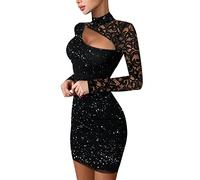 Generisch Abito da donna con brillantini, sexy, in pizzo, patchwork, abito da festa, piegato, con paillettes, snellente, elegante, in raso, abito da sera, O nero., L