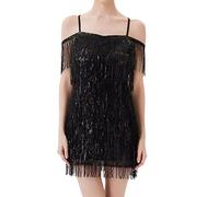 Generisch Abito da donna con frange profondo scollo a V schiena scoperta patchwork Bodycon anni '20 nappa mini abito da donna Club Party Prom Mini Strap Abito corto latino, Nero , L