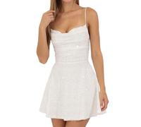 Generisch Abito da donna con paillettes, abito con paillettes, per donna, corto, con spalline sottili, per feste, con farfalla, mini abito sexy con brillantini, slim fit, abito da festa lucido, bianco