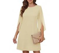 Generisch Abito da donna con scollo rotondo, elegante, da cocktail, da donna, elegante, a maniche a 3/4, in tinta unita, per il tempo libero, al ginocchio, albicocca, XS