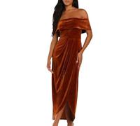 Generisch Abito da donna con spalle, gonna in velluto elegante per occasioni festive, moda da sera dal taglio classico con spacco laterale sulle gambe, morbido tessuto in velluto, marrone, S