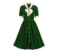 Generisch Abito da donna elegante con scollo a V e maniche a sbuffo anni 40 e 50, abbottonato, da lavoro, linea A, abiti da cocktail per feste di Natale, Oktoberfest, ospiti di nozze, verde, L