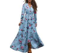 Generisch Abito da donna elegante, floreale, sexy, con scollo a V, abito estivo manica lunga, vintage occidentale country, abito maxi casual con cintura, lungo, boho, da festa, M
