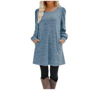 Generisch Abito da donna, elegante, girocollo, tinta unita, con bottoni, a maniche lunghe, corto, per il tempo libero, con tasche, caldo, mini abito da sera, autunno, inverno, Celeste., 3XL