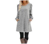 Generisch Abito da donna, elegante, girocollo, tinta unita, con bottoni, a maniche lunghe, corto, per il tempo libero, con tasche, caldo, mini abito da sera, autunno, inverno, Grigio chiaro, L