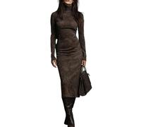 Generisch Abito da donna invernale, lungo, estivo, elegante, in velluto, a maniche lunghe, a collo alto, per l'autunno, per festività, a pieghe lunghe, in velluto, caffè, XL