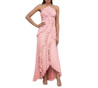 Generisch Abito da donna senza maniche con fettuccia sul collo, in tinta unita, elegante, maxi abito con volant, design avvolgente, spacco laterale, abito da sera estivo, abito da cocktail, Colore